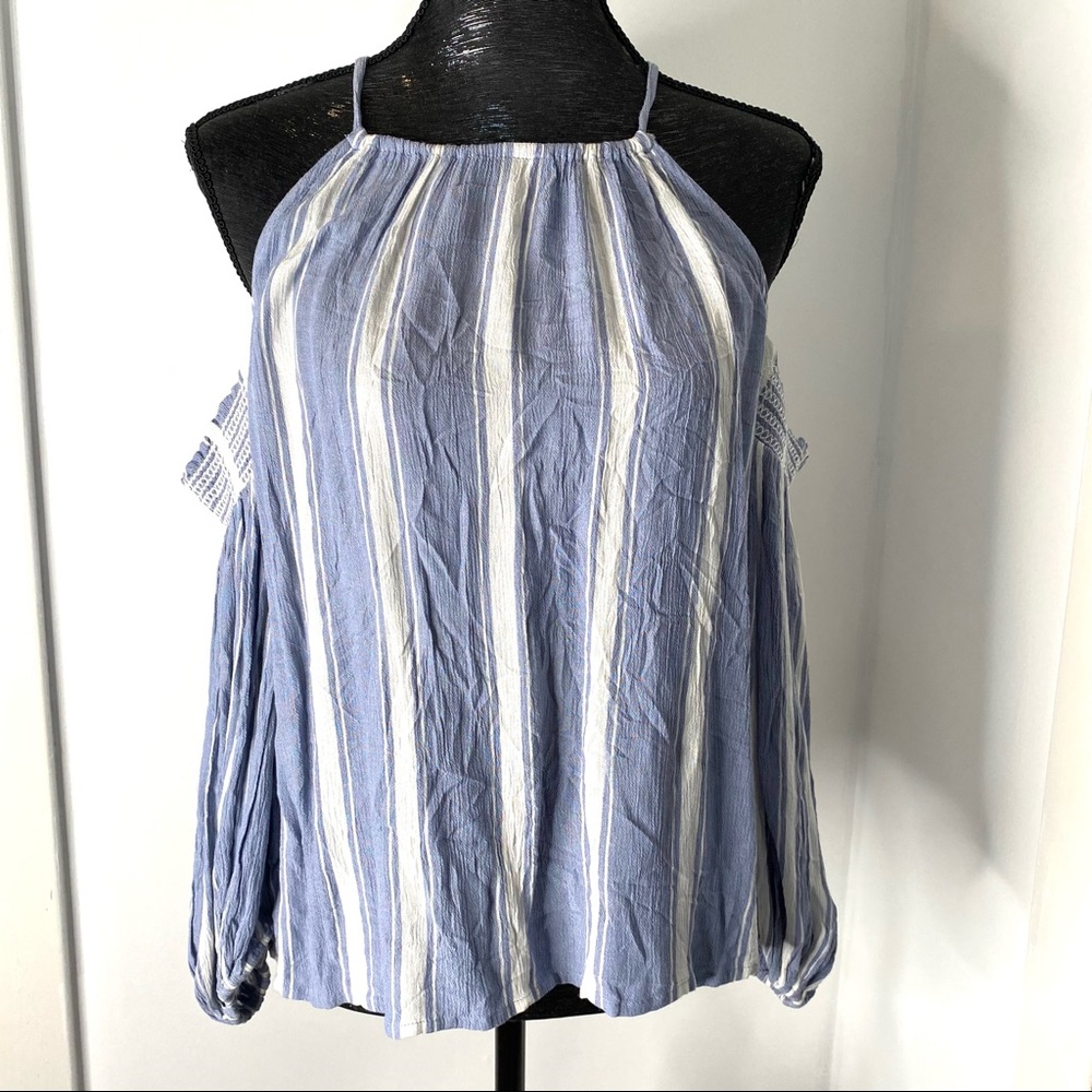 American Eagle Blue White Striped Cold Shoulder Top Embroidered Sleeves NWT